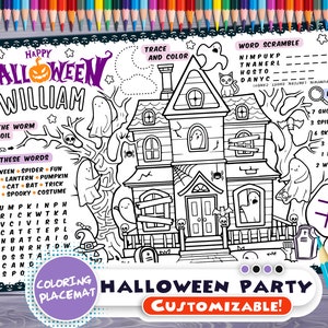 Customizable halloween Party Placemat haunted house coloring book Personalized Printable page-Custom halloween games-Kids Activity Sheet image 1