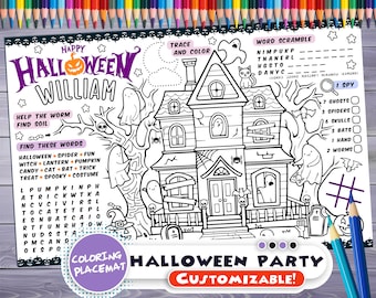 Customizable halloween Party Placemat - haunted house coloring book - Personalized Printable page-Custom halloween games-Kids Activity Sheet