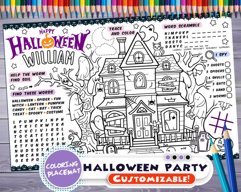 Customizable halloween Party Placemat haunted house coloring book Personalized Printable page-Custom halloween games-Kids Activity Sheet image 1