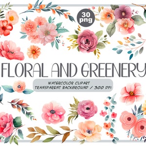 Peut inclure: Un ensemble de 30 illustrations florales et de verdure à l'aquarelle avec un fond transparent. Les illustrations présentent des fleurs roses, rouges, orange, jaunes et violettes, ainsi que des feuilles et des branches vertes.