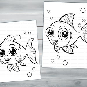 Kawaii fish PDF coloring book Printable colouring pages for kids Cartoon cute small fish, underwater scene, goldfish thick outlines image 6