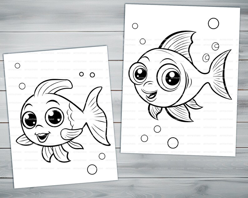 Kawaii fish PDF coloring book Printable colouring pages for kids Cartoon cute small fish, underwater scene, goldfish thick outlines image 6