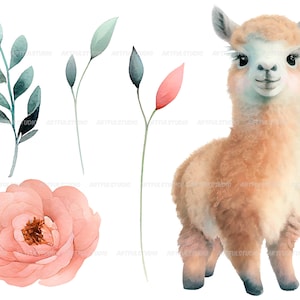 Watercolor cute baby llamas clipart-Realistic lama with flower-Baby Shower Graphics-Nursery Decor Wall Art-American Animal-alpaca portrait image 4