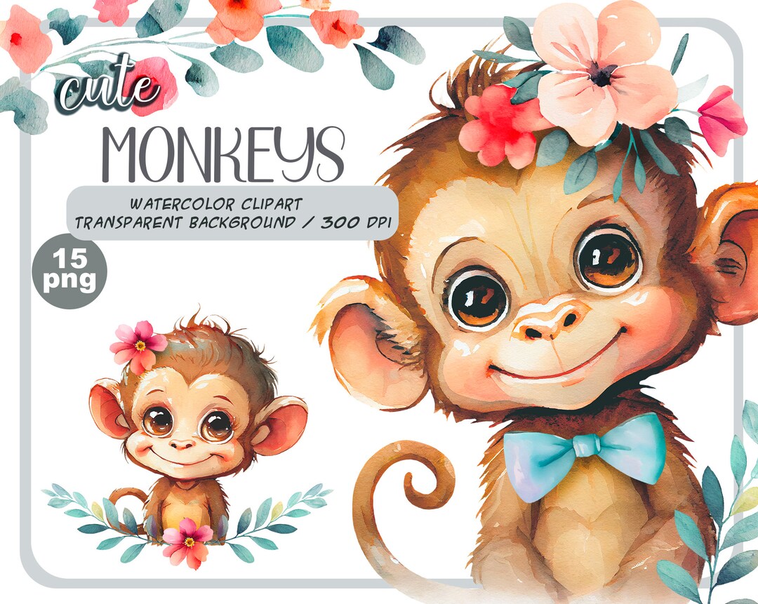 Watercolor Cute Baby Monkeys Clipartrealistic Monkey With Flowerbaby