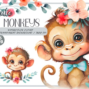 Aquarell niedlichen Baby Affen Clipart-Realistischer Affe mit Blume-Baby Shower Grafik-Kinderzimmer Dekor Wand Kunst-Afrikanisches Tier-Haustier Porträt