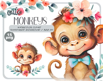 Clipart aquarelle bébé singe : art floral pour chambre de bébé (téléchargement numérique)