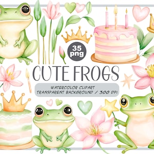 Watercolor cute baby frog clipart - Cartoon frogs party decor - Baby Shower Graphic - children nursery style-pastel tender digital stickers