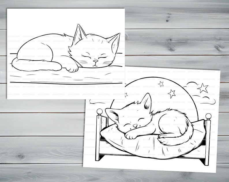 Sleeping cats PDF coloring book Printable colouring pages for kids Cute Cartoon cat coloring thick outlines for children's creativity image 6