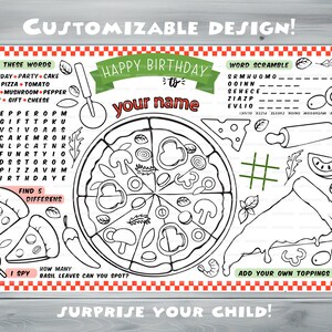 Customizable pizza Party Placemat Happy Birthday coloring book Personalized Printable coloring page pizza Custom Birthday Party image 3