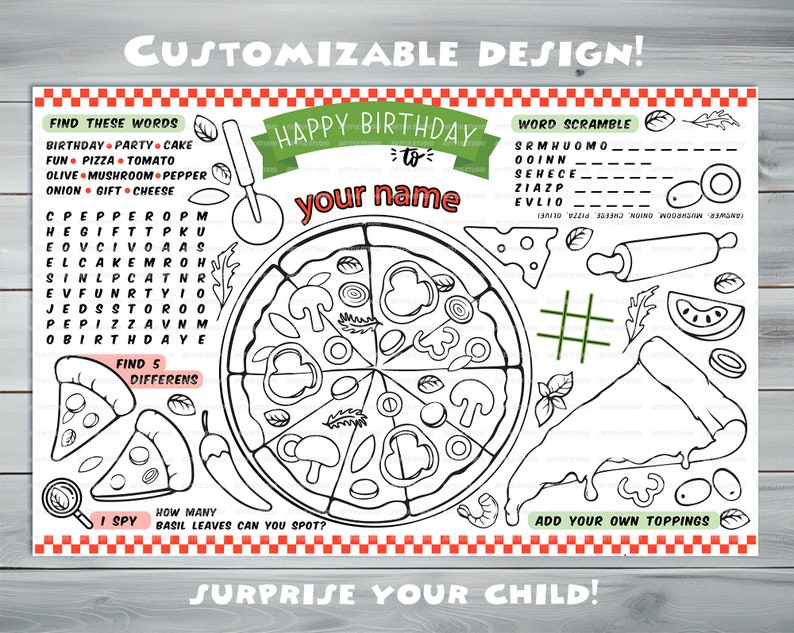 Customizable pizza Party Placemat Happy Birthday coloring book Personalized Printable coloring page pizza Custom Birthday Party image 3