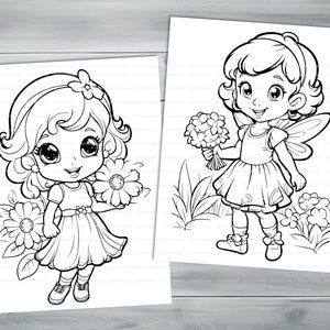 Flower fairies PDF coloring book Printable colouring pages for kids Cartoon floral fairy thick outlines for children's creativity image 7