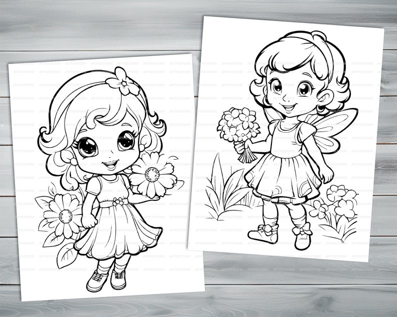 Flower fairies PDF coloring book Printable colouring pages for kids Cartoon floral fairy thick outlines for children's creativity image 7