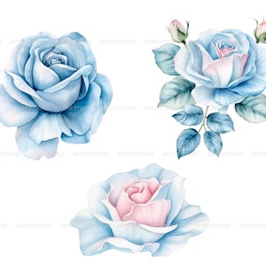 Watercolor blue delicate roses clipart flower illustration floral arrangements, dusty light blue rose pastel vintage wedding flowers image 3