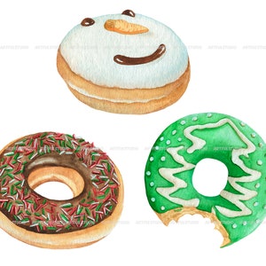 Watercolor Christmas donuts clipart snowman, santa, gift donuts, holiday food sweet, desserts, pastries, chocolate doughnut sublimation image 4