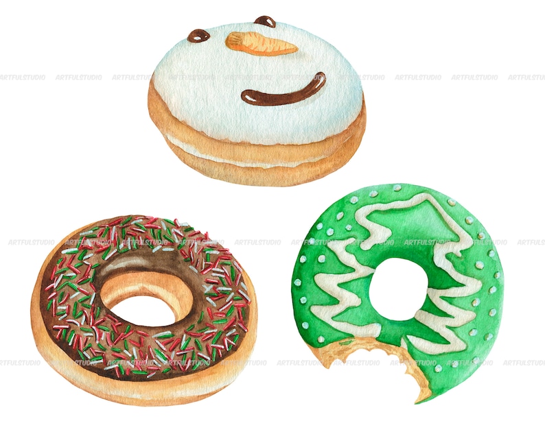 Watercolor Christmas donuts clipart snowman, santa, gift donuts, holiday food sweet, desserts, pastries, chocolate doughnut sublimation image 4