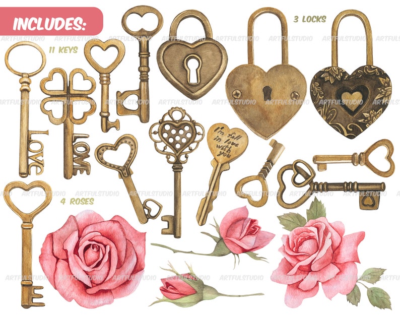 Watercolor Vintage Heart Keys and Locks Clip Artbronze Antique Keys