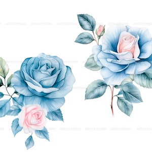 Watercolor blue delicate roses clipart flower illustration floral arrangements, dusty light blue rose pastel vintage wedding flowers image 4