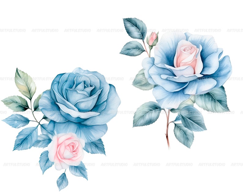 Watercolor blue delicate roses clipart flower illustration floral arrangements, dusty light blue rose pastel vintage wedding flowers image 4