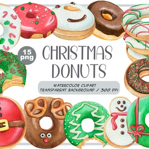 Watercolor Christmas donuts clipart snowman, santa, gift donuts, holiday food sweet, desserts, pastries, chocolate doughnut sublimation image 1