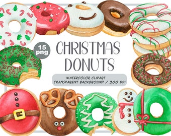 Watercolor Christmas donuts clipart - snowman, santa, gift donuts, holiday food - sweet, desserts, pastries, chocolate doughnut sublimation