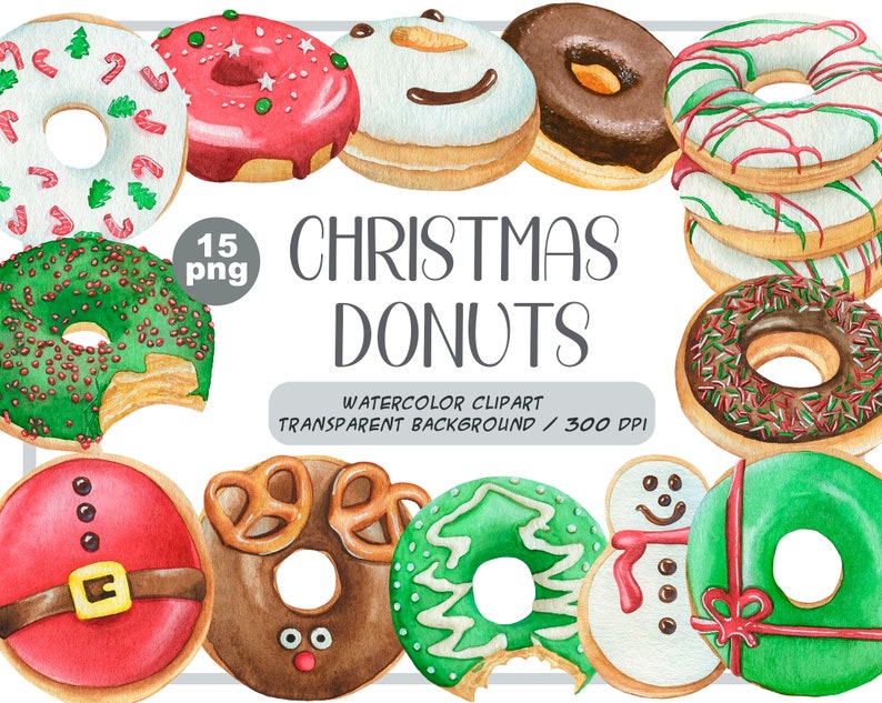 Watercolor Christmas donuts clipart snowman, santa, gift donuts, holiday food sweet, desserts, pastries, chocolate doughnut sublimation image 1