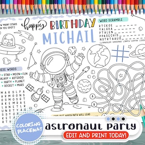 Placemat editable para fiesta de astronautas - Hoja de actividades de feliz cumpleaños - Página para colorear imprimible personalizada - Fiesta de cumpleaños del niño en el espacio exterior