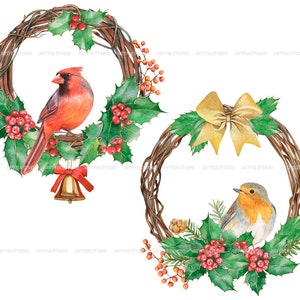 Watercolor christmas wreaths clipart-circle frame with winter birds PNG-red and green holiday-christmas composition-red cardinal, robin bird image 5