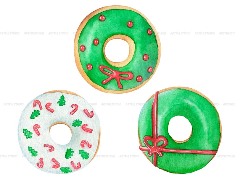 Watercolor Christmas donuts clipart snowman, santa, gift donuts, holiday food sweet, desserts, pastries, chocolate doughnut sublimation image 5