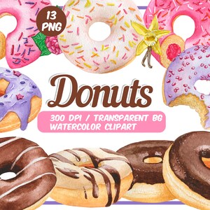 Donut Watercolor Clipart -Pastel Donuts-Sweet Bakery Food-Doughnut party-Pastry png files-dessert bakery clipart-Birthday-Instant download