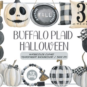 Clipart halloween à carreaux buffalo aquarelle - citrouilles noir et blanc - décorations d'automne neutres-citrouilles de ferme Png - automne
