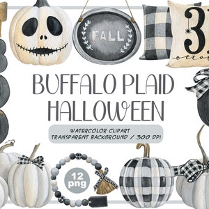 Watercolor buffalo plaid halloween clipart - black and white pumpkins - neutral autumn decorations-farmhouse pumpkins Png - fall