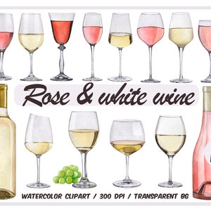 Aquarell Weiß- und Roséwein Clipart - Alkoholische Getränke - Weingläser Grafiken - Flasche Clip Art-Hochzeits-Illustration PNG-Sofortiger Download