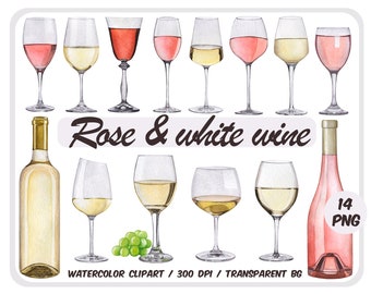 Watercolor white and rose wine clipart - Alcoholic Drinks - Wine Glasses graphics -bottle clip art-wedding illustration png-Instant download