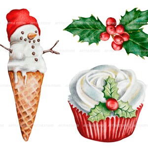 Watercolor Christmas sweets clipart snowman holiday food winter sweet, desserts, hot chocolate, cupcakes, candy, cookies sublimation image 5