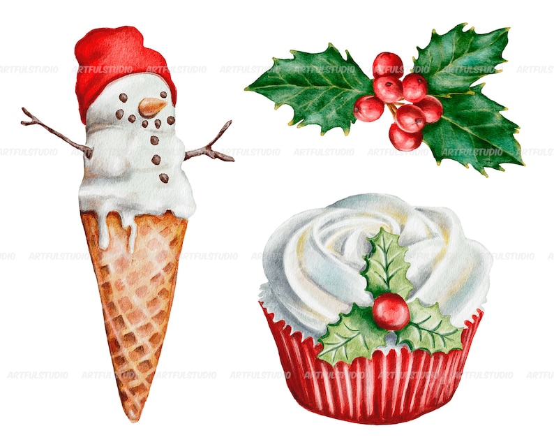 Watercolor Christmas sweets clipart snowman holiday food winter sweet, desserts, hot chocolate, cupcakes, candy, cookies sublimation image 5