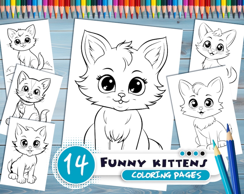 Funny kittens PDF coloring book Printable colouring pages for kids Cute Cartoon cat coloring thick outlines for children's creativity image 1