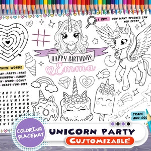 Customizable Unicorn Party Placemat Happy Birthday coloring book Personalized Printable coloring page Little pony Custom Birthday Party image 1