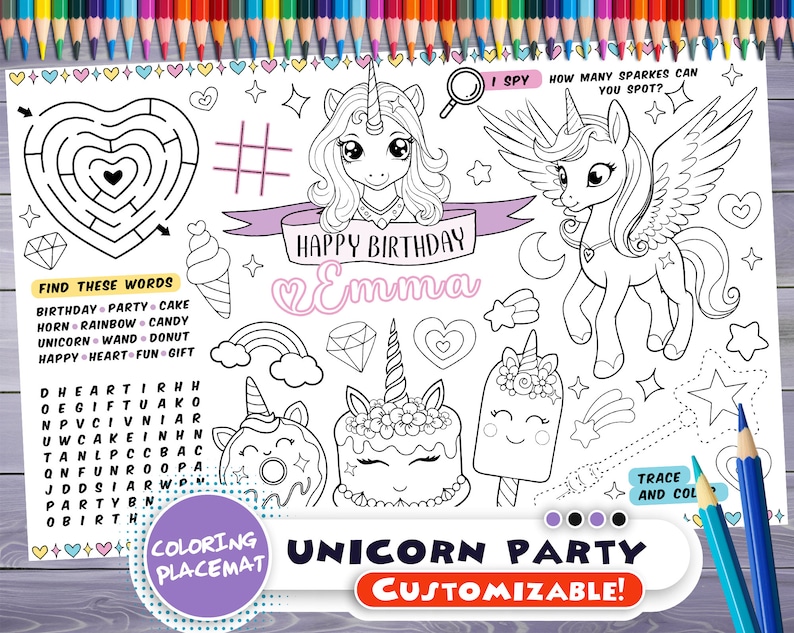 Customizable Unicorn Party Placemat Happy Birthday coloring book Personalized Printable coloring page Little pony Custom Birthday Party image 1