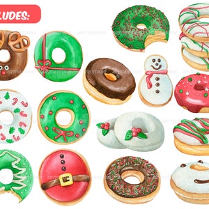 Watercolor Christmas donuts clipart snowman, santa, gift donuts, holiday food sweet, desserts, pastries, chocolate doughnut sublimation image 2