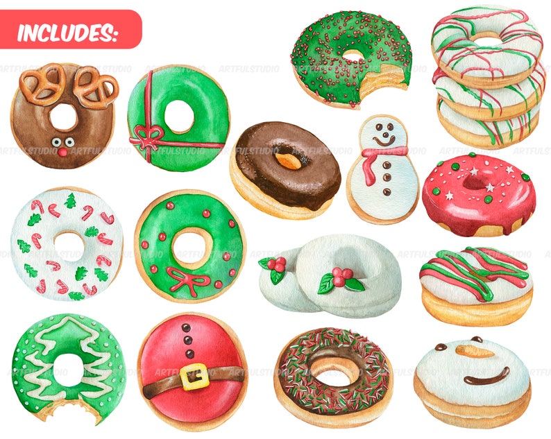 Watercolor Christmas donuts clipart snowman, santa, gift donuts, holiday food sweet, desserts, pastries, chocolate doughnut sublimation image 2