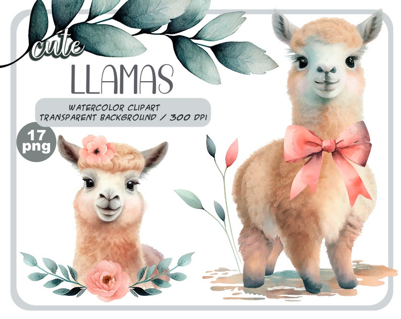 Watercolor cute baby llamas clipart-Realistic lama with flower-Baby Shower Graphics-Nursery Decor Wall Art-American Animal-alpaca portrait image 1