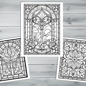 Stained glass PDF coloring book Printable colouring pages for adults colorful glass, mosaic pattern stained-glass window for coloring image 8