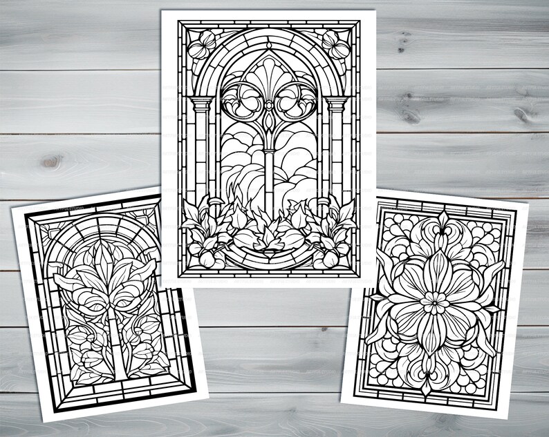 Stained glass PDF coloring book Printable colouring pages for adults colorful glass, mosaic pattern stained-glass window for coloring image 8