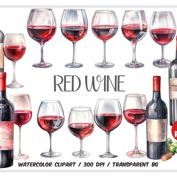 Watercolor red wine clipart - Alcoholic Drinks illustration -Wine Glasses graphics-bottle clip art-wedding illustration png-Instant download