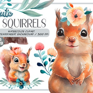 Watercolor cute baby squirrels clipart-Realistic squirrel with flower-Baby Shower Graphics-Nursery Decor Wall Art-Woodland Animal-pet png image 1