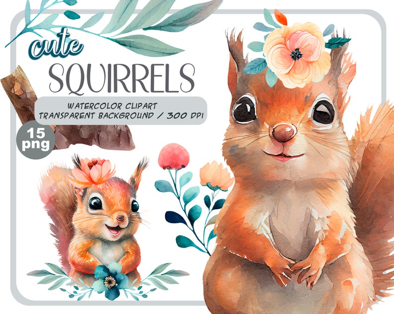 Watercolor cute baby squirrels clipart-Realistic squirrel with flower-Baby Shower Graphics-Nursery Decor Wall Art-Woodland Animal-pet png image 1