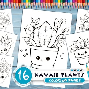 Anime kawaii plants PDF coloring book Printable colouring pages for little kids cartoon funny characters thick outlines houseplants image 1