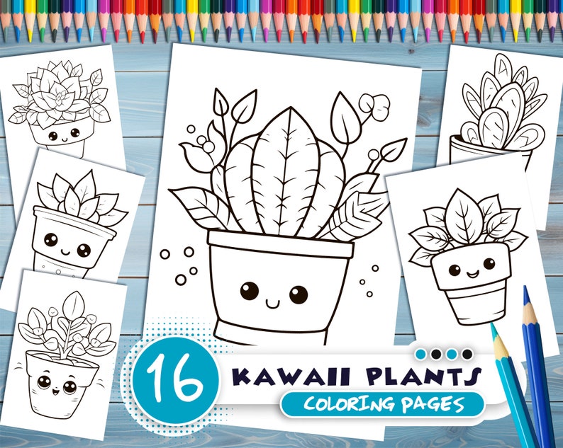 Anime kawaii plants PDF coloring book Printable colouring pages for little kids cartoon funny characters thick outlines houseplants image 1