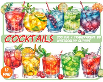 Watercolor cocktails clipart - alcoholic Drinks clipart- summer tropical cocktail graphics - summer Party - soft drink-bright cool drink PNG