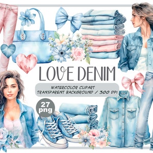 Aquarelle love denim clipart - articles en denim : vêtements, jeans, chemise, sac, baskets - bleu et rose - mode denim - fleurs bleues -jeans PNG